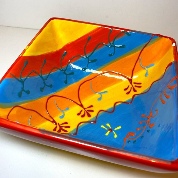 Colourful Square Ceramic Bowl Hand Painted Mexican Flare *read* - Picture 2 of 5